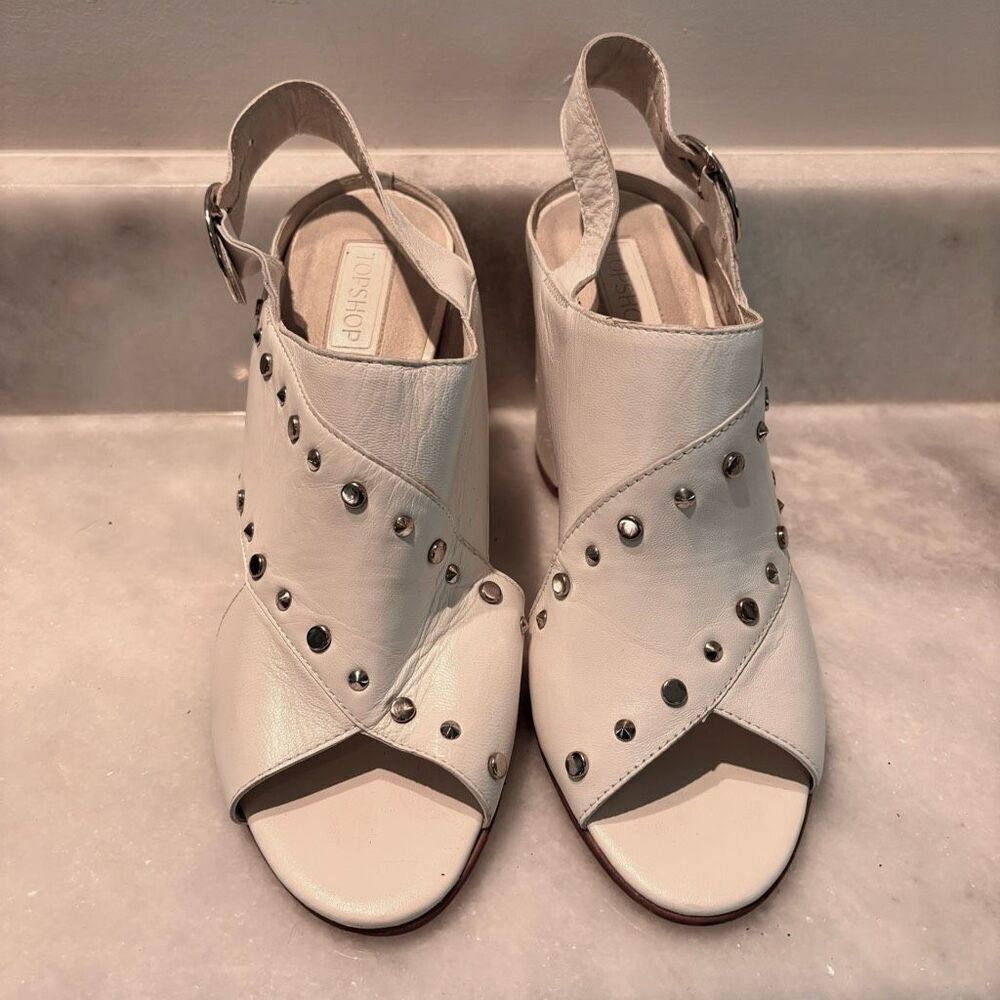 Topshop Nixie Studded Peep Toe Block Heel Sandals White Size 10 View 2